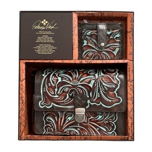 PATRICIA NASH Leather Locri Tooled Turquoise Handbag & Wallet Gift Set NWB